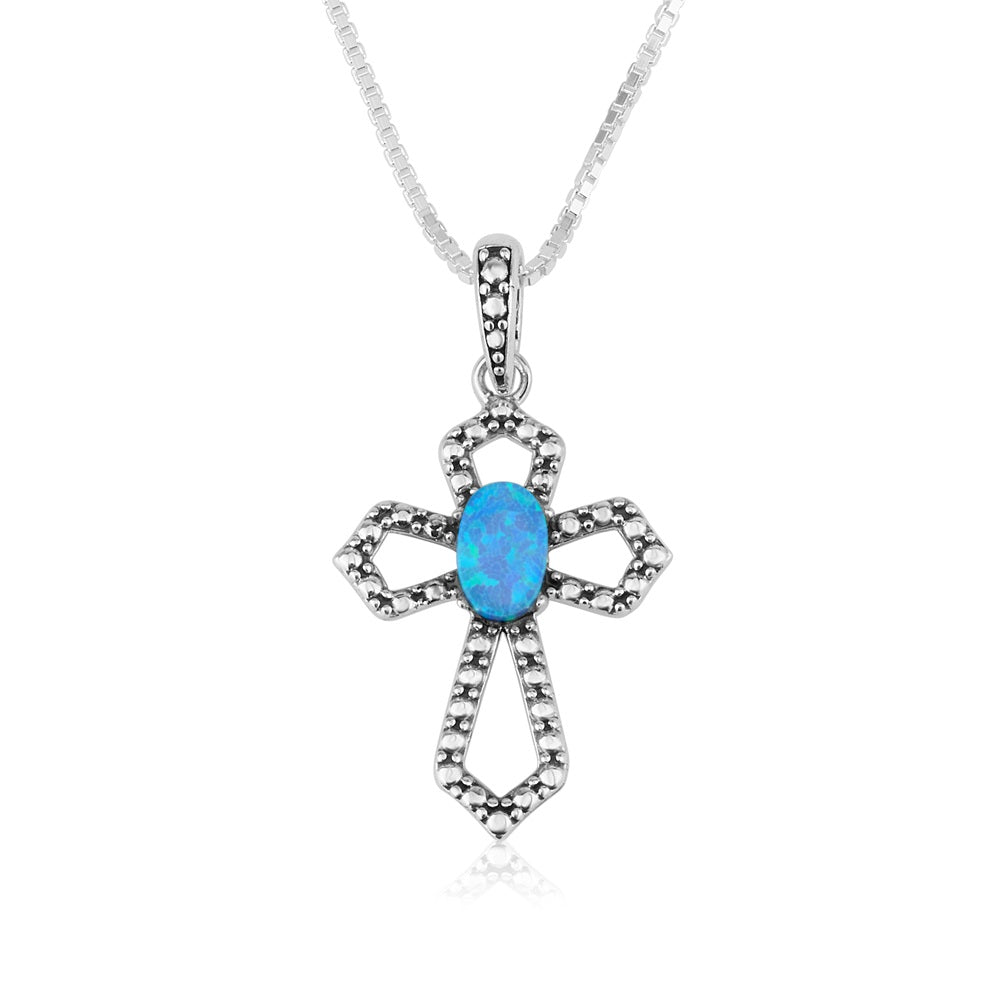 Ornate cross pendant necklace in 925 sterling silver with blue opal and marcasite by Marina Jewelry