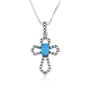 Ornate cross pendant necklace in 925 sterling silver with blue opal and marcasite by Marina Jewelry