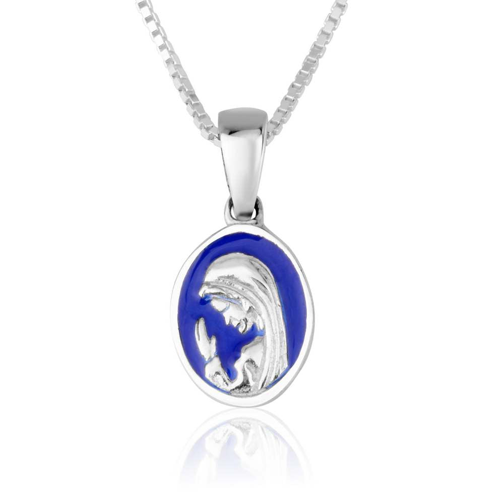 Blue enamel Virgin Mary medal pendant in 925 sterling silver by Marina Jewelry