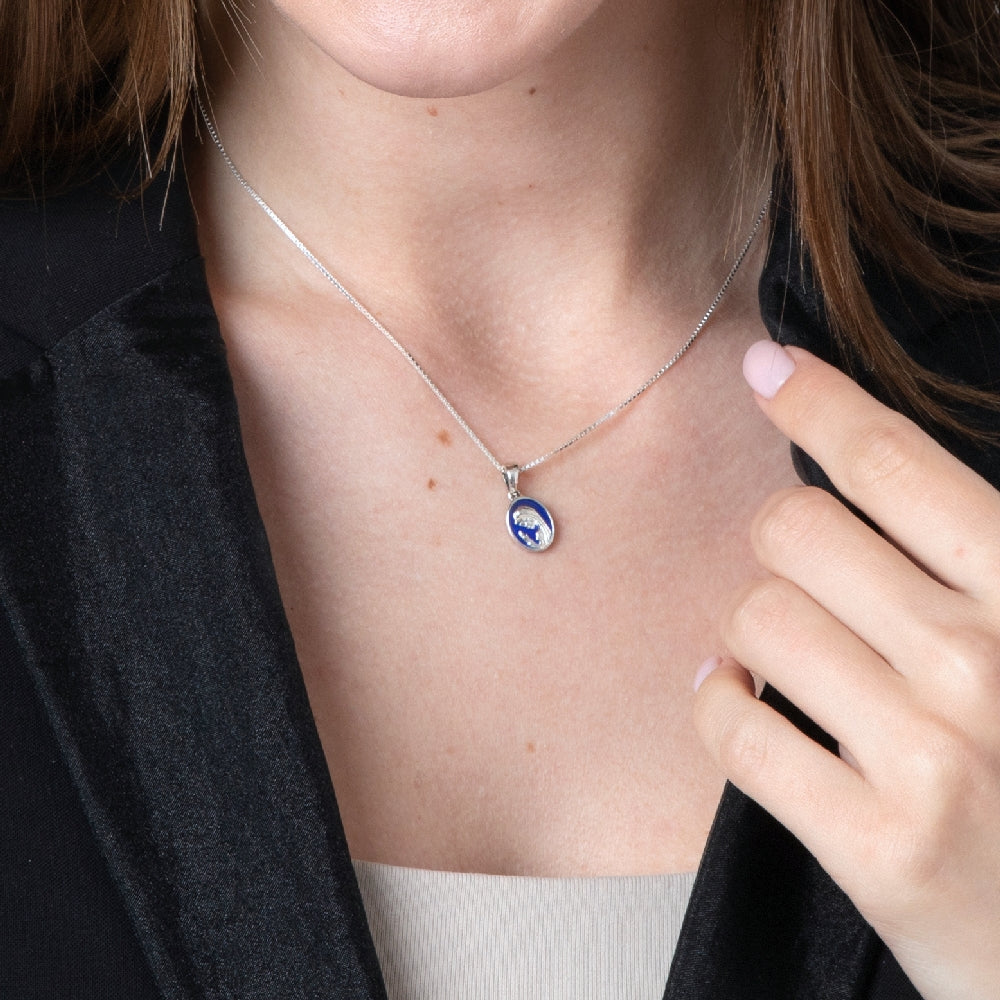 Blue Enamel Virgin Mary Medal Pendant Necklace in 925 Sterling Silver – shown worn, close-up