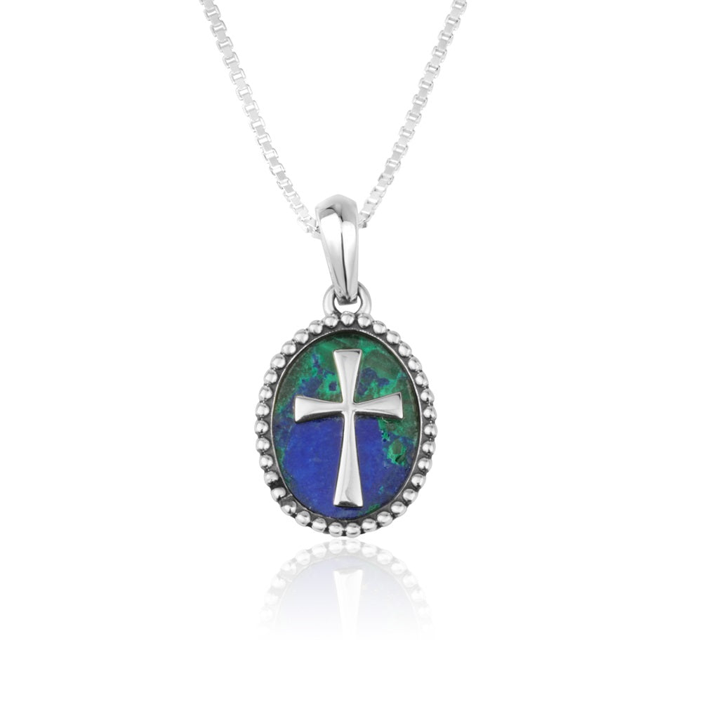 Cross Eilat stone oval pendant necklace in 925 sterling silver by Marina Jewelry