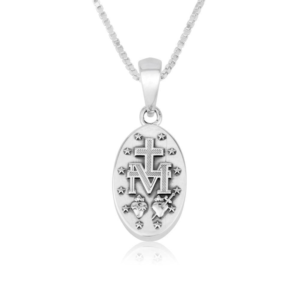 Virgin Mary Pendant Necklace in 925 Sterling Silver, Ivory Enamel – back view