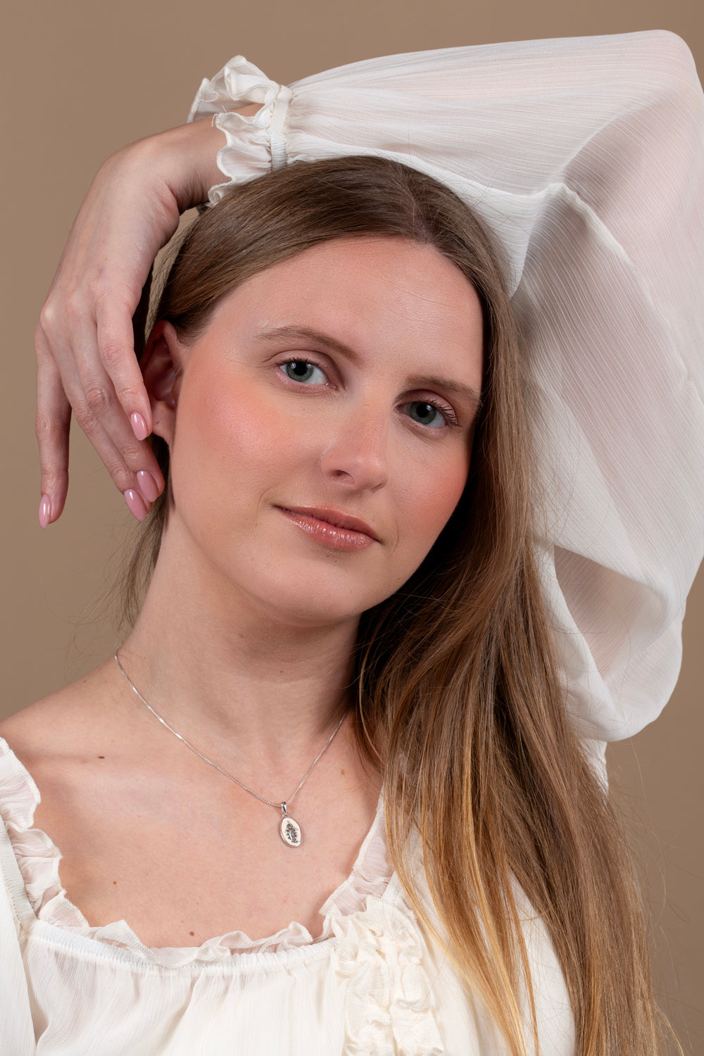 Virgin Mary Pendant Necklace in 925 Sterling Silver, Ivory Enamel – shown worn