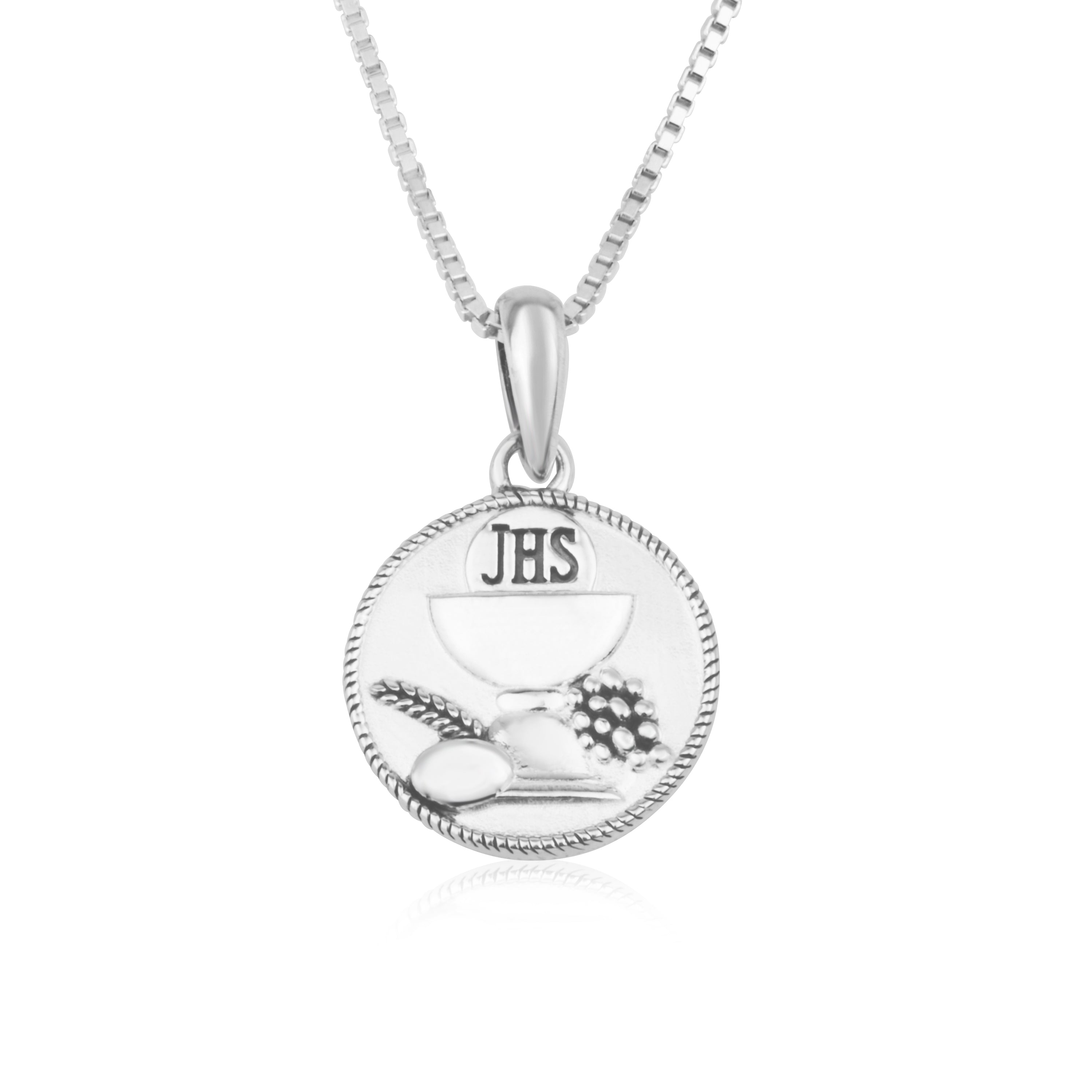 First Communion JHS Chalice Pendant Necklace in Gold-Plated 925 Sterling Silver, White Enamel