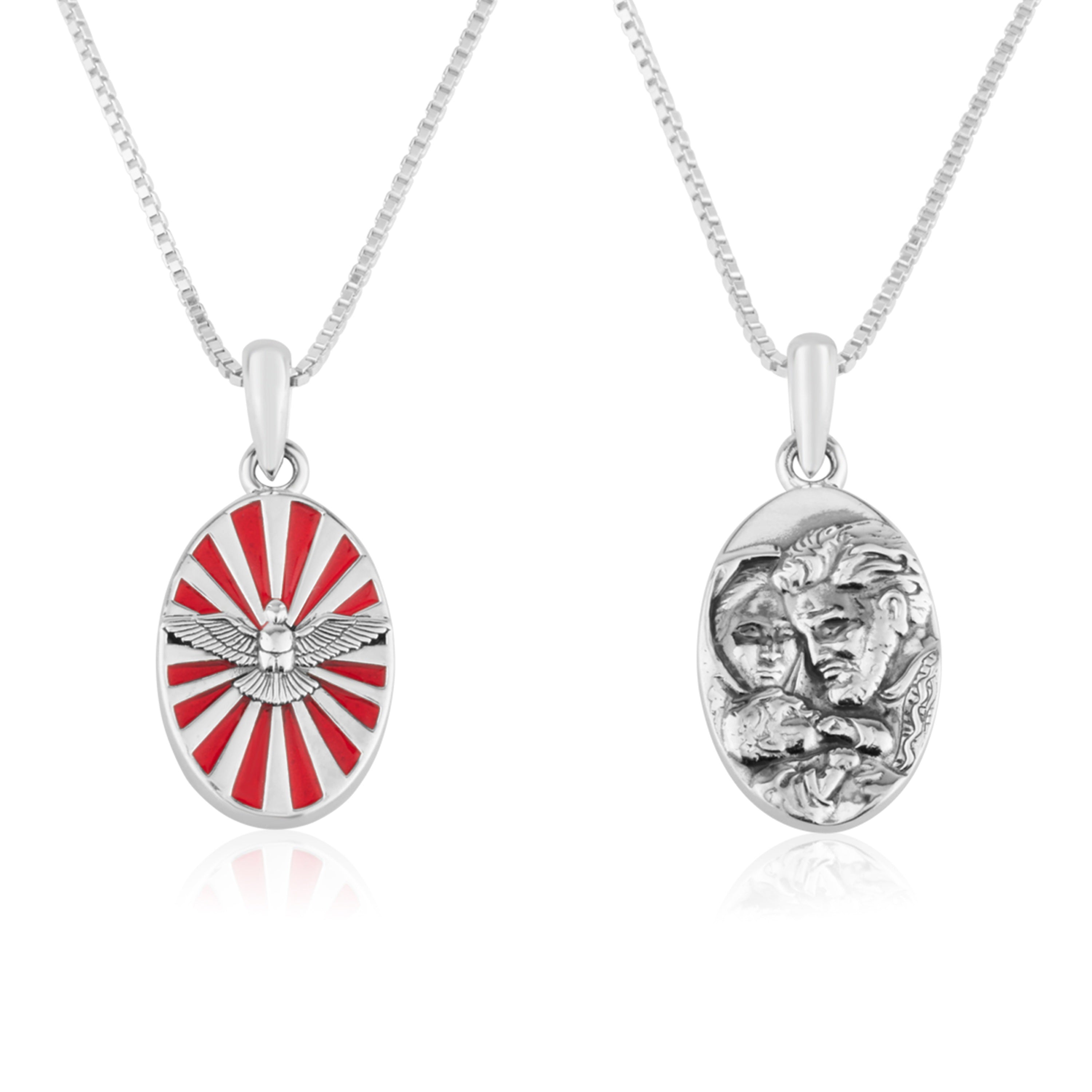 Holy Spirit dove red enamel oval pendant necklace in 925 sterling silver by Marina Jewelry