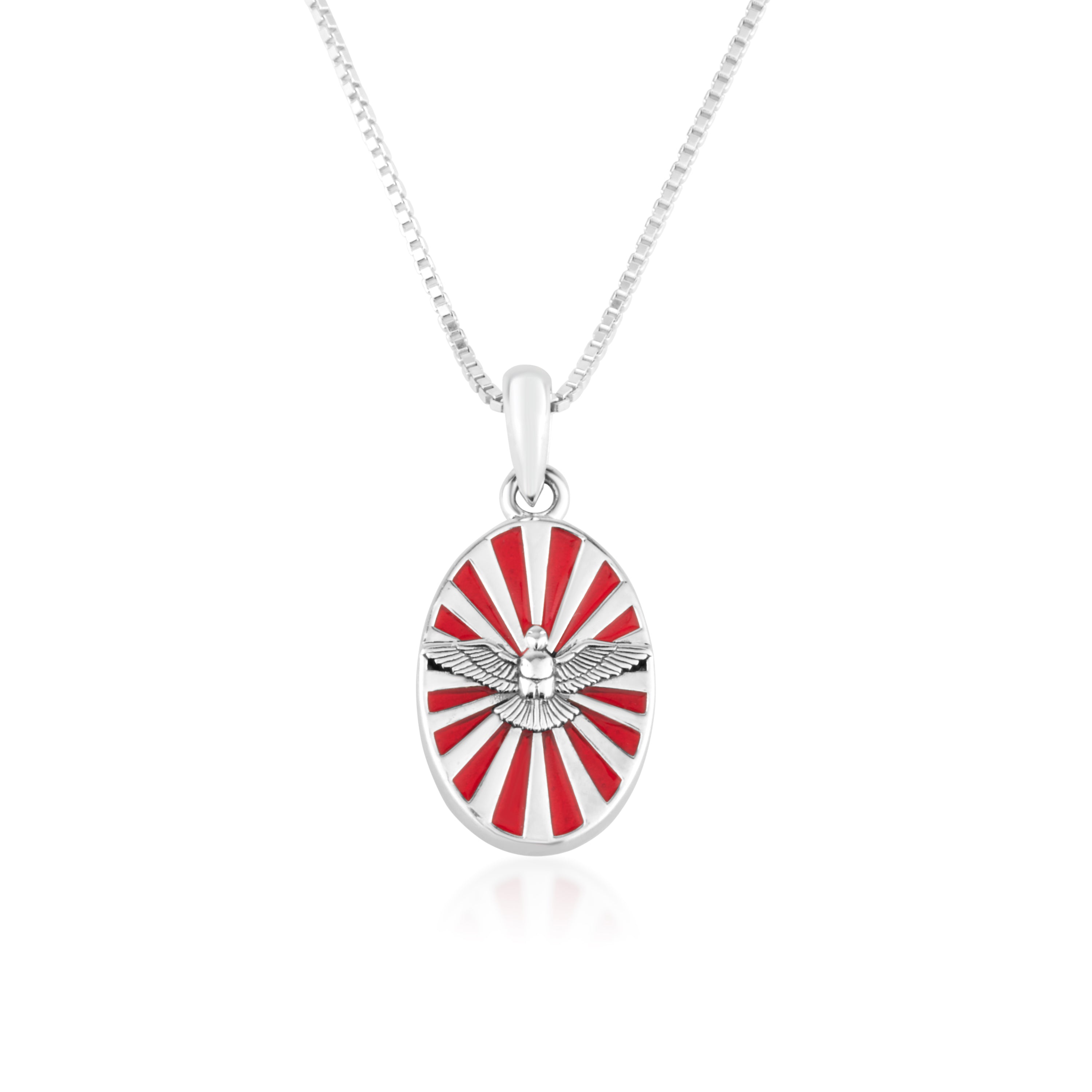 Holy Spirit Dove Red Enamel Oval Pendant Necklace in 925 Sterling Silver