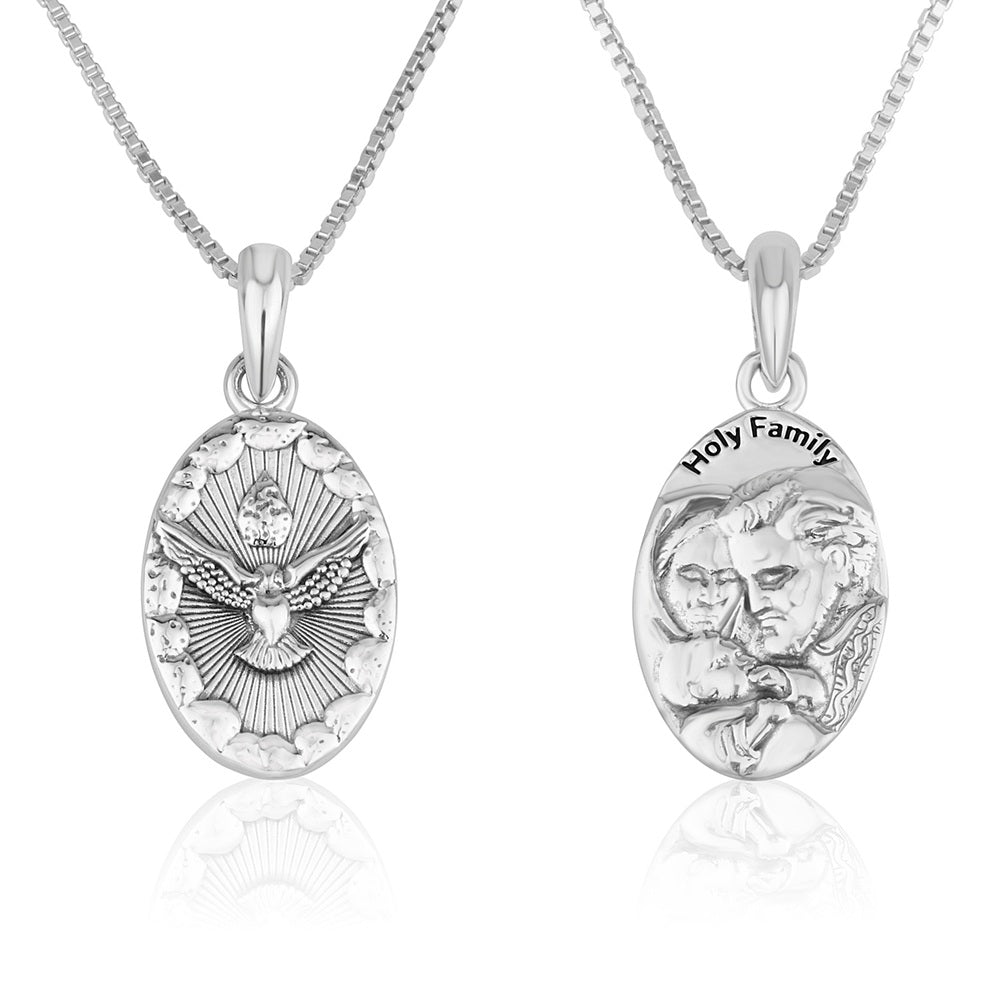 Holy Spirit and Holy Family double-sided pendant necklace in 925 sterling silver by Marina Jewelry