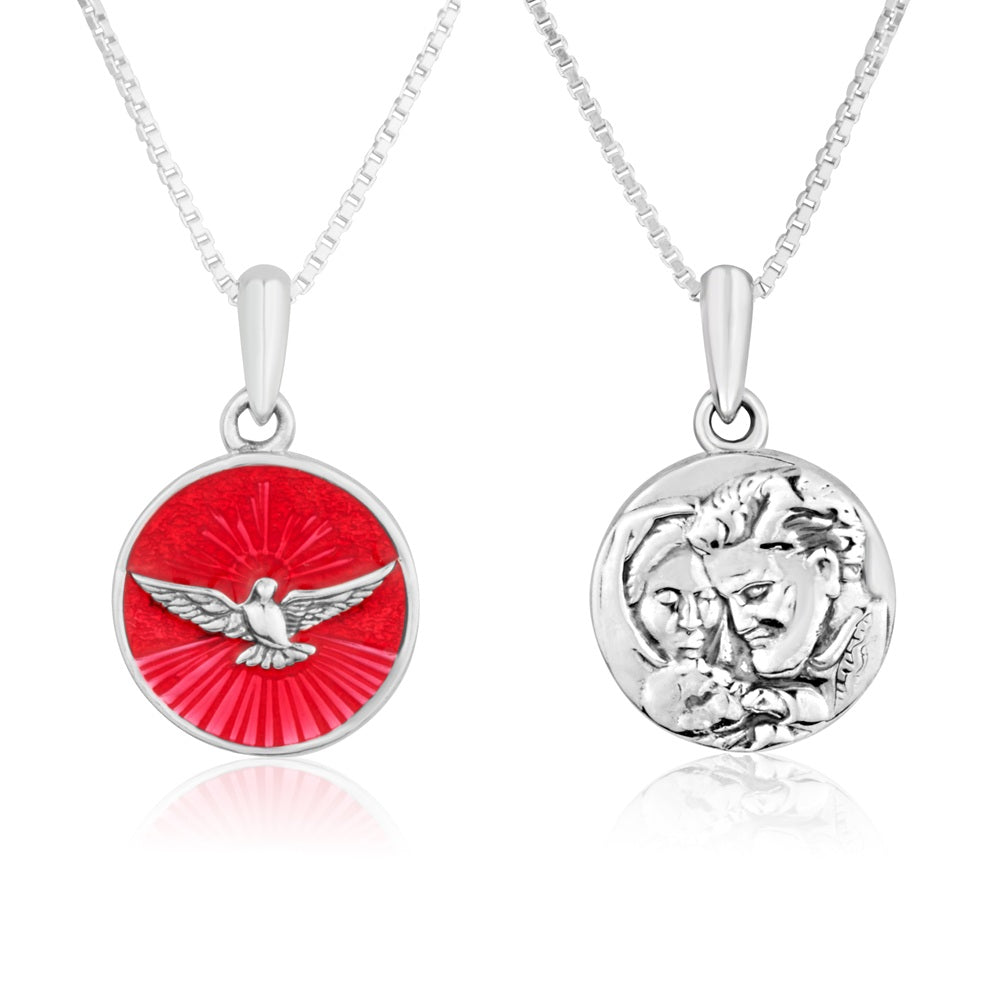 Holy Spirit dove red enamel round pendant necklace in 925 sterling silver by Marina Jewelry