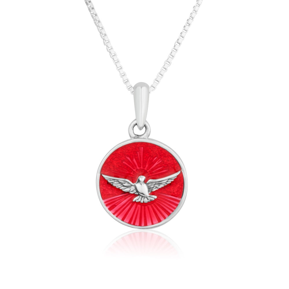 Holy Spirit Dove Red Enamel Round Pendant Necklace in 925 Sterling Silver