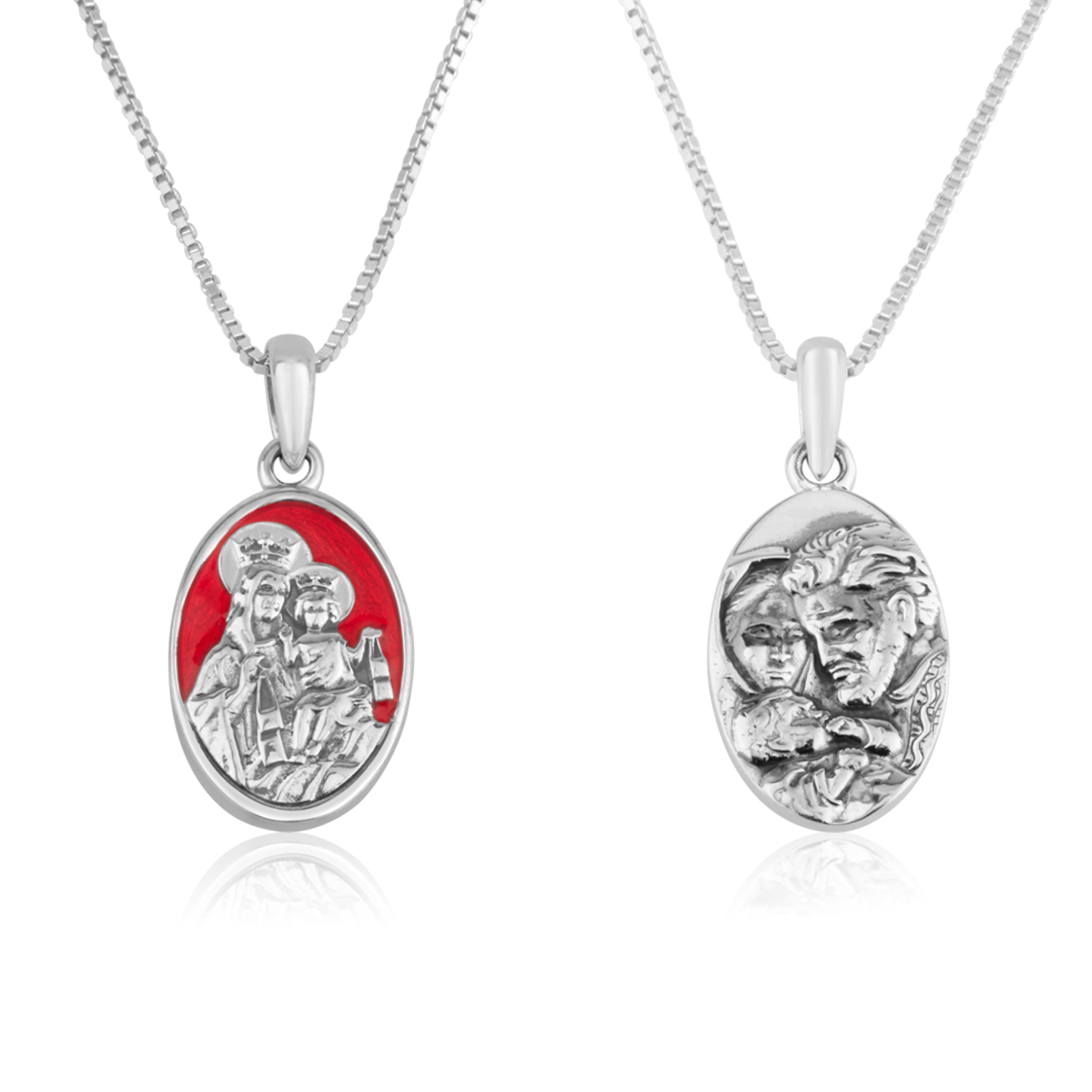 Our Lady of Mount Carmel red enamel pendant necklace in 925 sterling silver by Marina Jewelry
