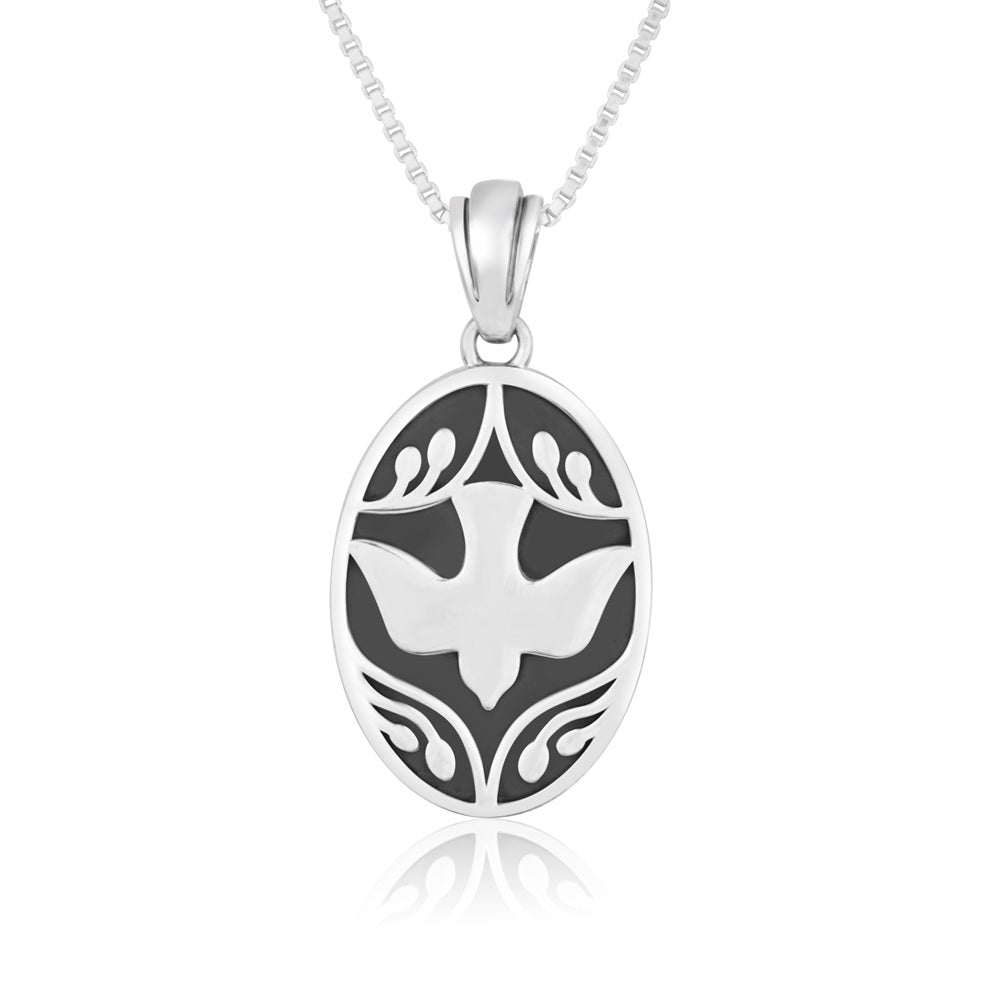 Holy Spirit Dove Pendant Necklace in 925 Sterling Silver, Oxidized