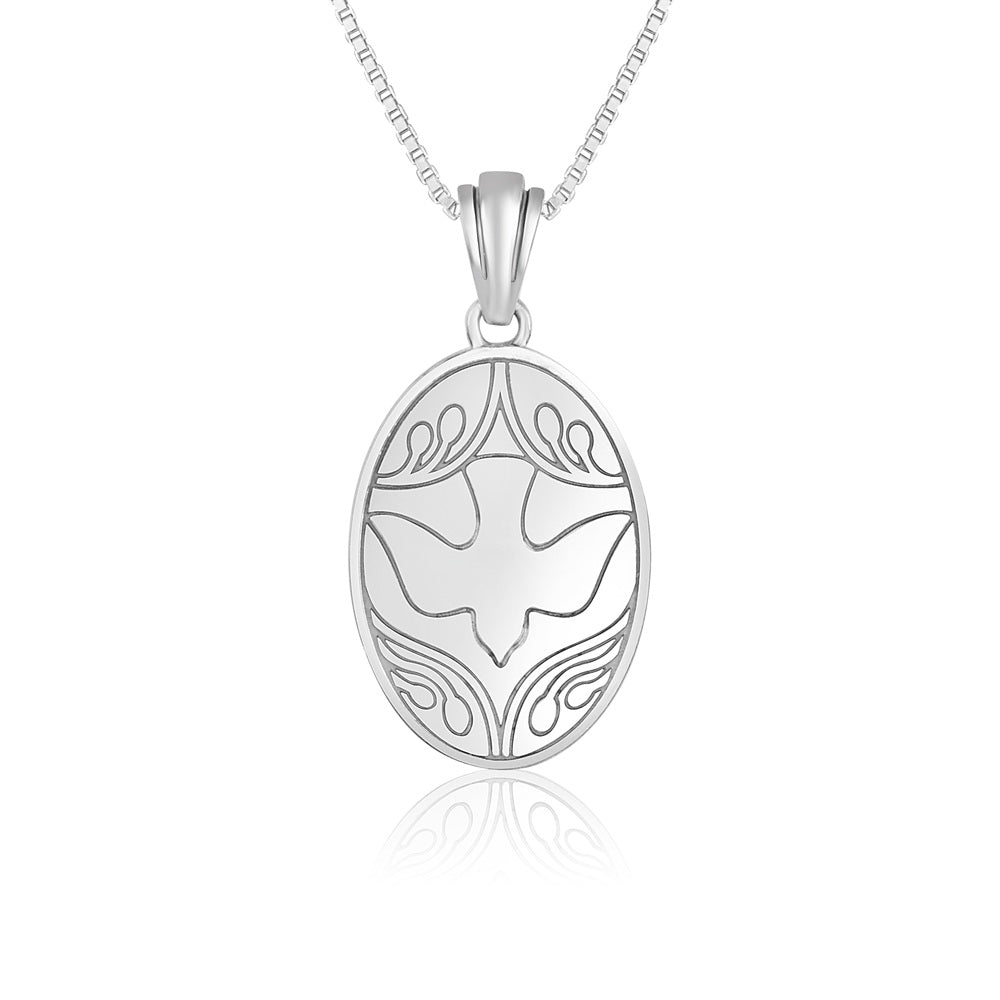 Holy Spirit Dove Pendant Necklace in 925 Sterling Silver, Oxidized – back view