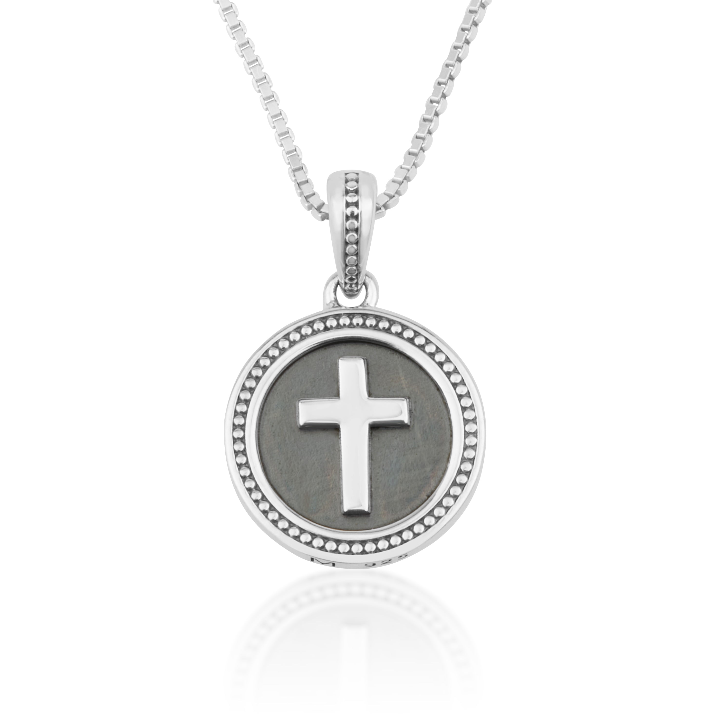 Cross “God Bless” Coin Pendant Necklace in 925 Sterling Silver, Oxidized