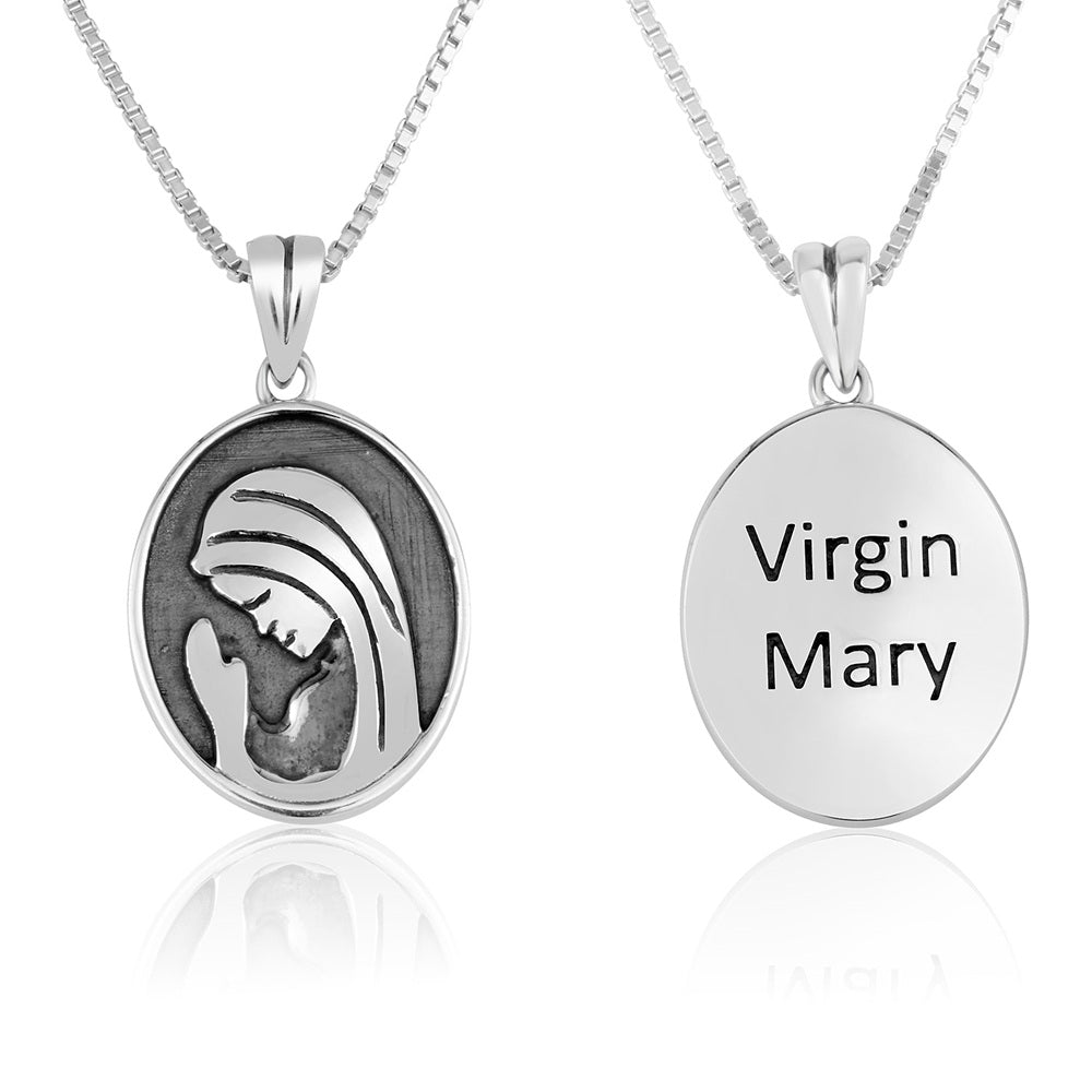Virgin Mary profile pendant necklace in oxidized 925 sterling silver by Marina Jewelry