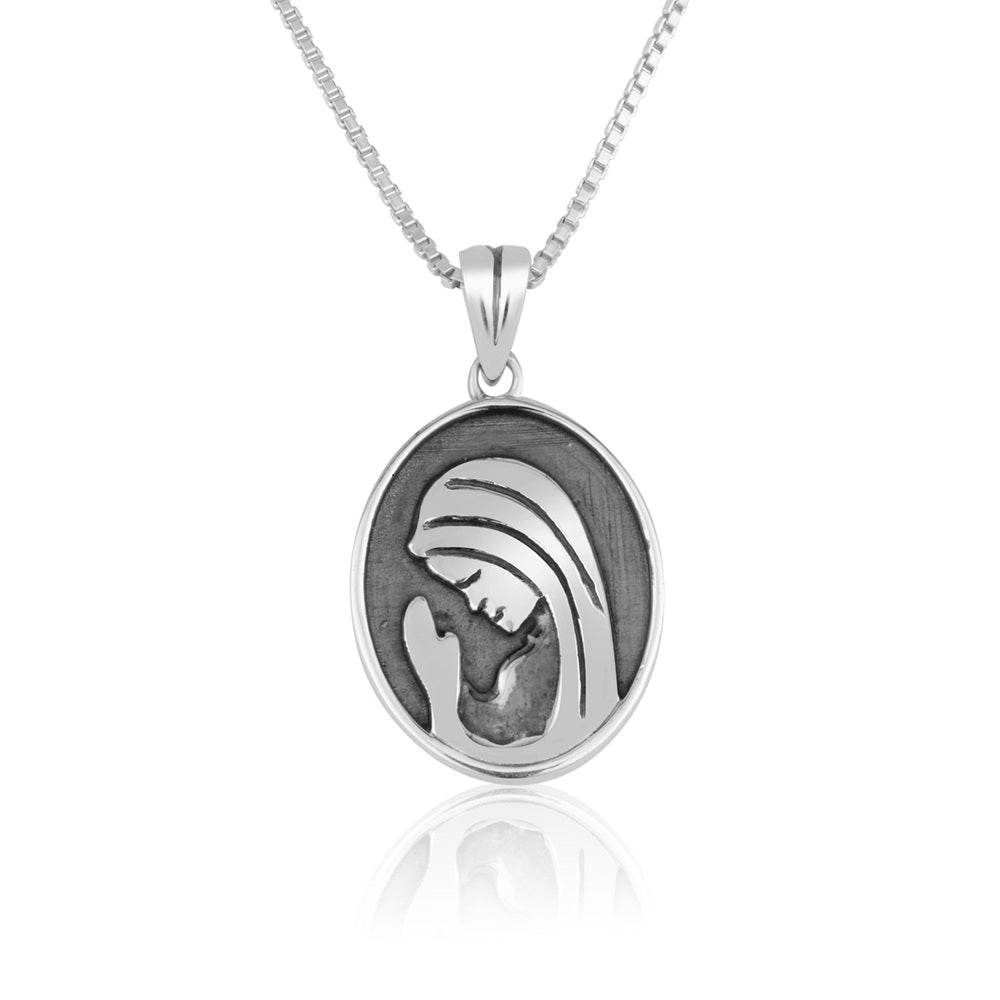 Virgin Mary Profile Pendant Necklace in 925 Sterling Silver, Oxidized
