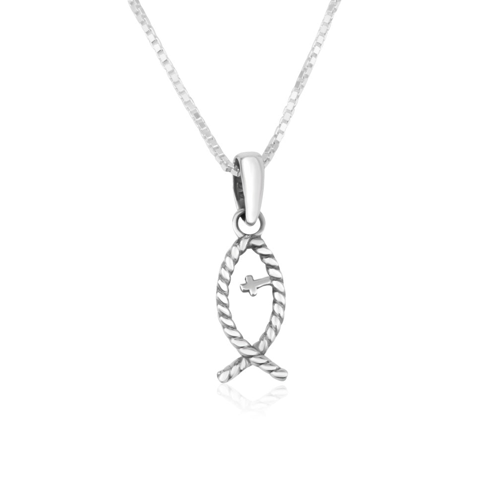 Ichthus fish cross pendant necklace in 925 sterling silver by Marina Jewelry