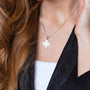 Jerusalem Cross Pendant Necklace, Jerusalem Engraved Back, 925 Sterling Silver – shown worn, close-up