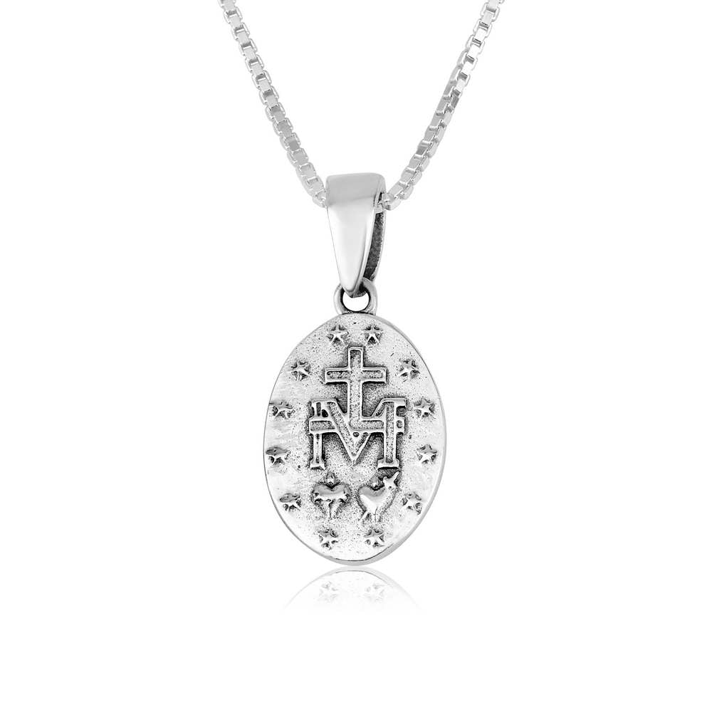 Miraculous Medal Pendant Necklace, English Inscription, 925 Sterling Silver – back view