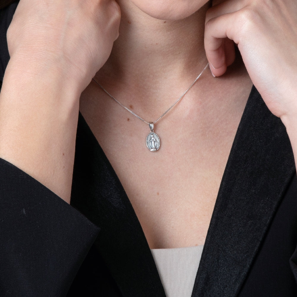 Miraculous Medal Pendant Necklace, English Inscription, 925 Sterling Silver – shown worn, close-up