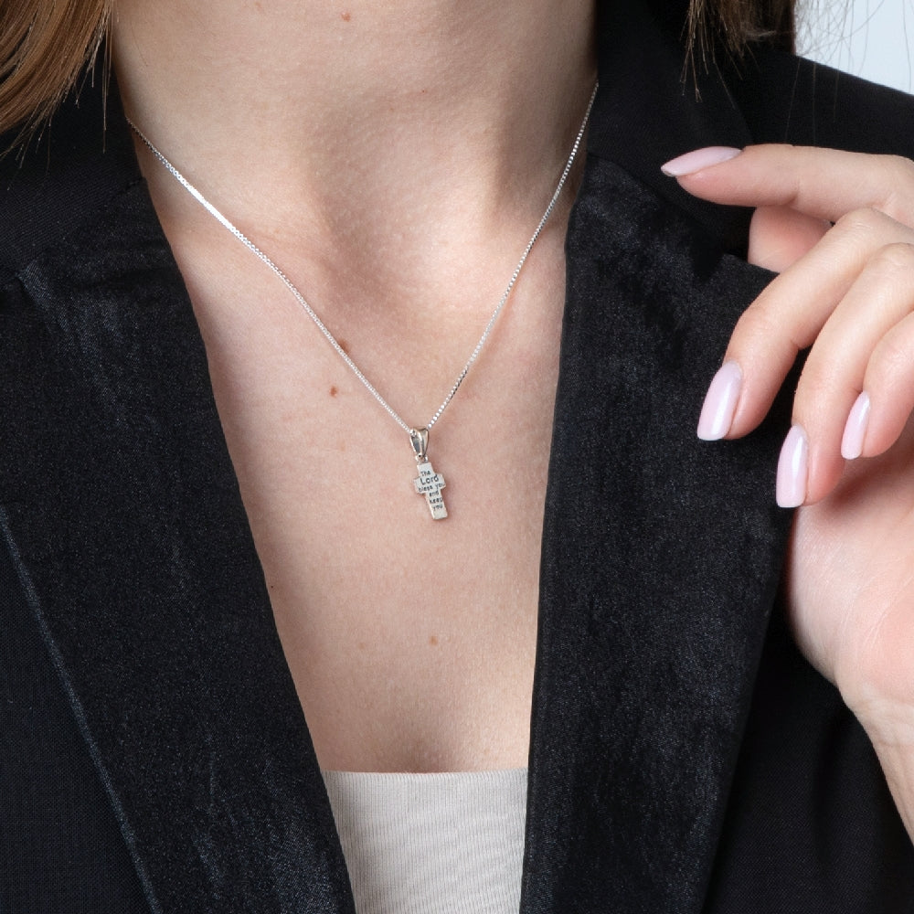Priestly Blessing Cross Pendant Necklace in 925 Sterling Silver – shown worn, close-up
