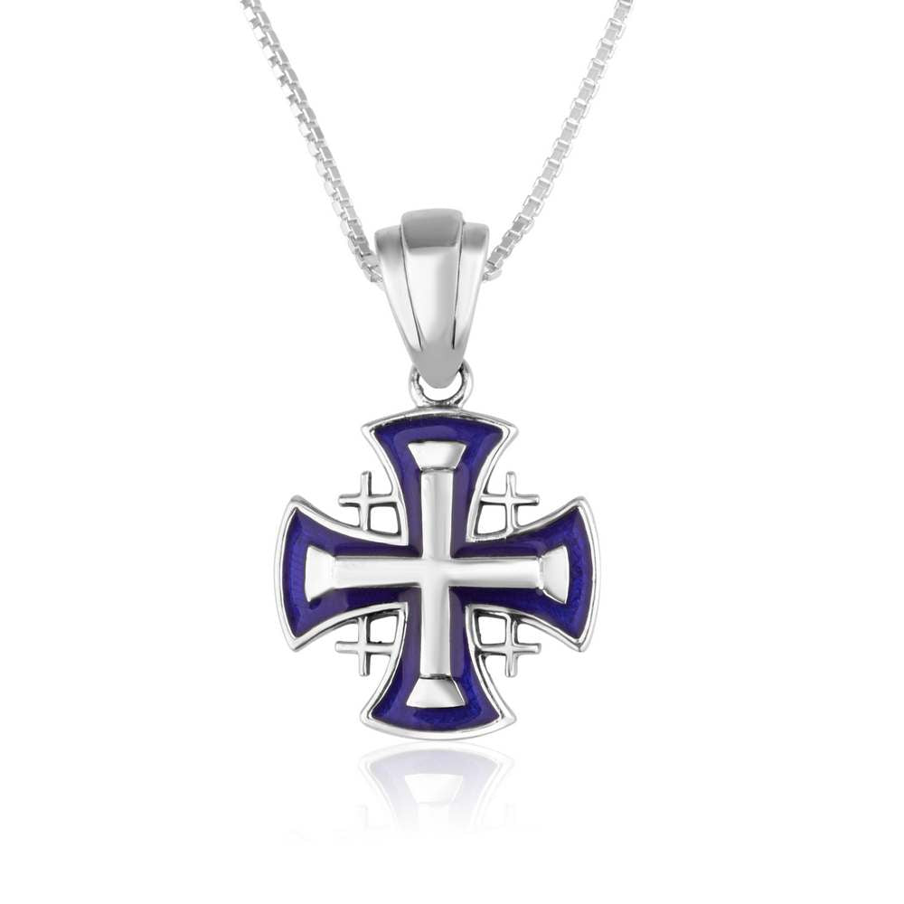 Jerusalem cross pendant necklace in 925 sterling silver with blue enamel by Marina Jewelry