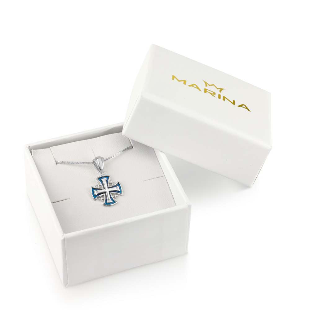 Jerusalem Cross Pendant Necklace in 925 Sterling Silver, Blue Enamel – gift box