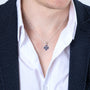 Jerusalem Cross Pendant Necklace in 925 Sterling Silver, Blue Enamel – shown worn, close-up