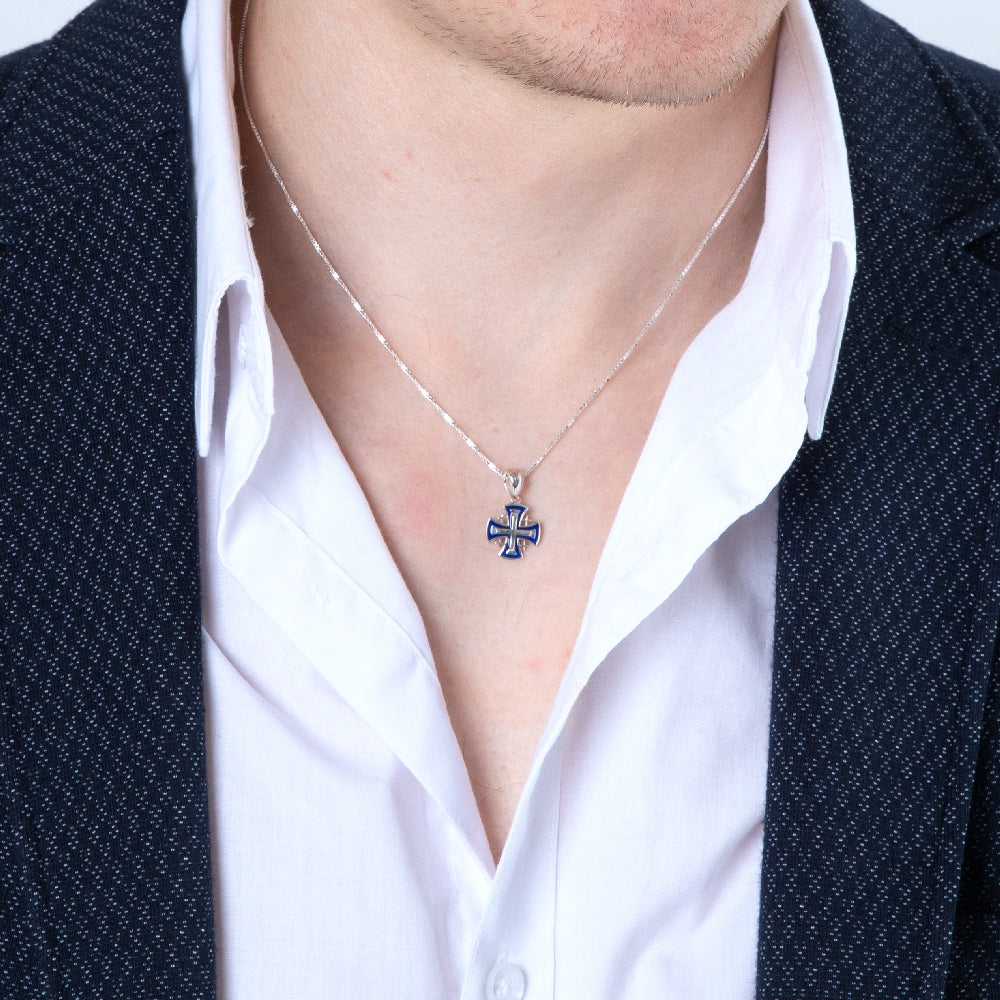 Jerusalem Cross Pendant Necklace in 925 Sterling Silver, Blue Enamel – shown worn, close-up