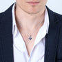 Jerusalem Cross Pendant Necklace in 925 Sterling Silver, Blue Enamel – shown worn, close-up