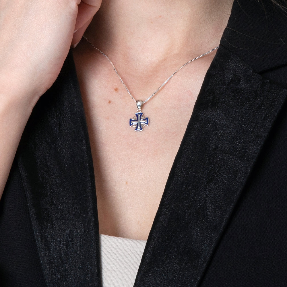 Jerusalem Cross Pendant Necklace in 925 Sterling Silver, Blue Enamel – shown worn, close-up