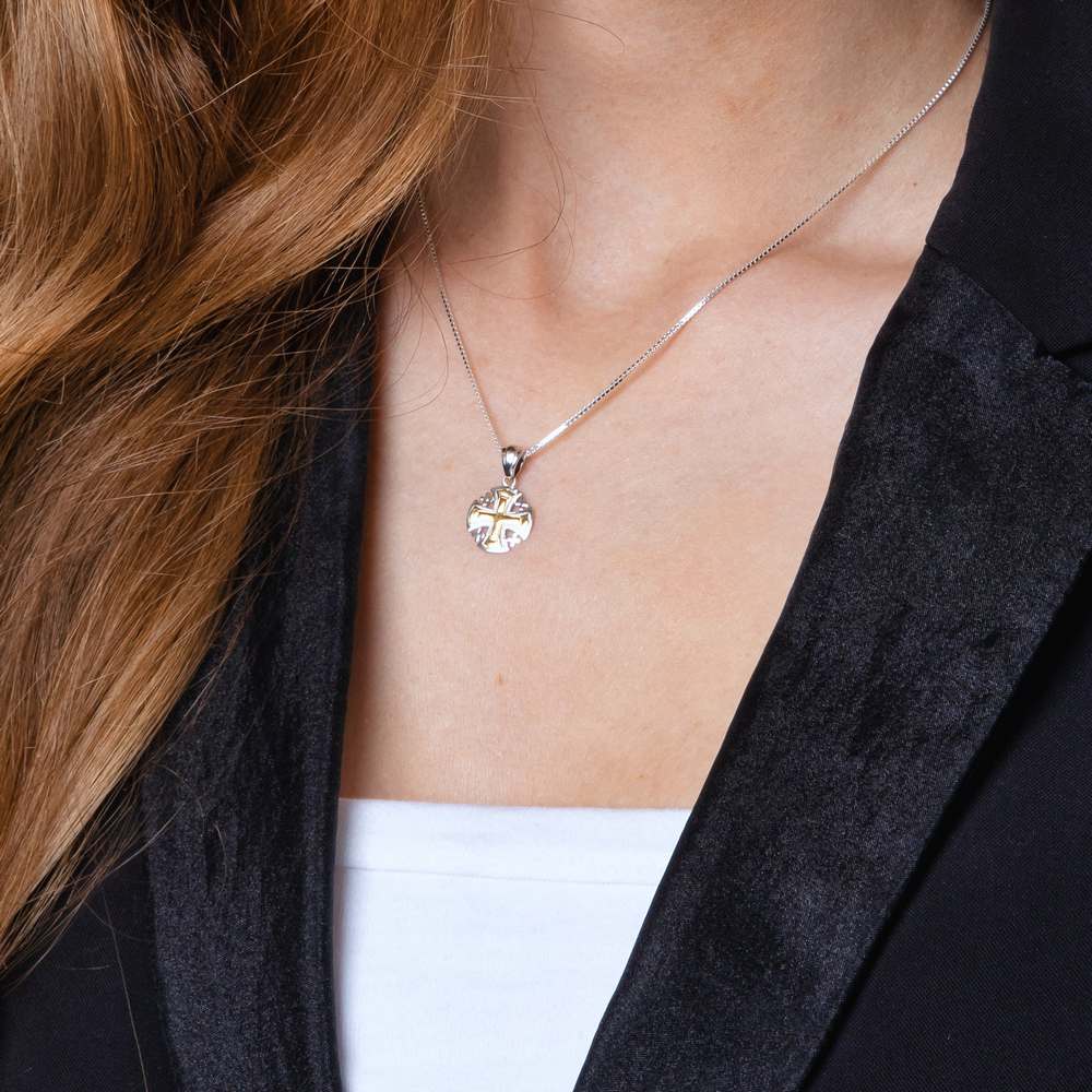 Two-Tone Jerusalem Cross Pendant Necklace, Rounded Flared Shape, 925 Sterling Silver – shown worn, close-up