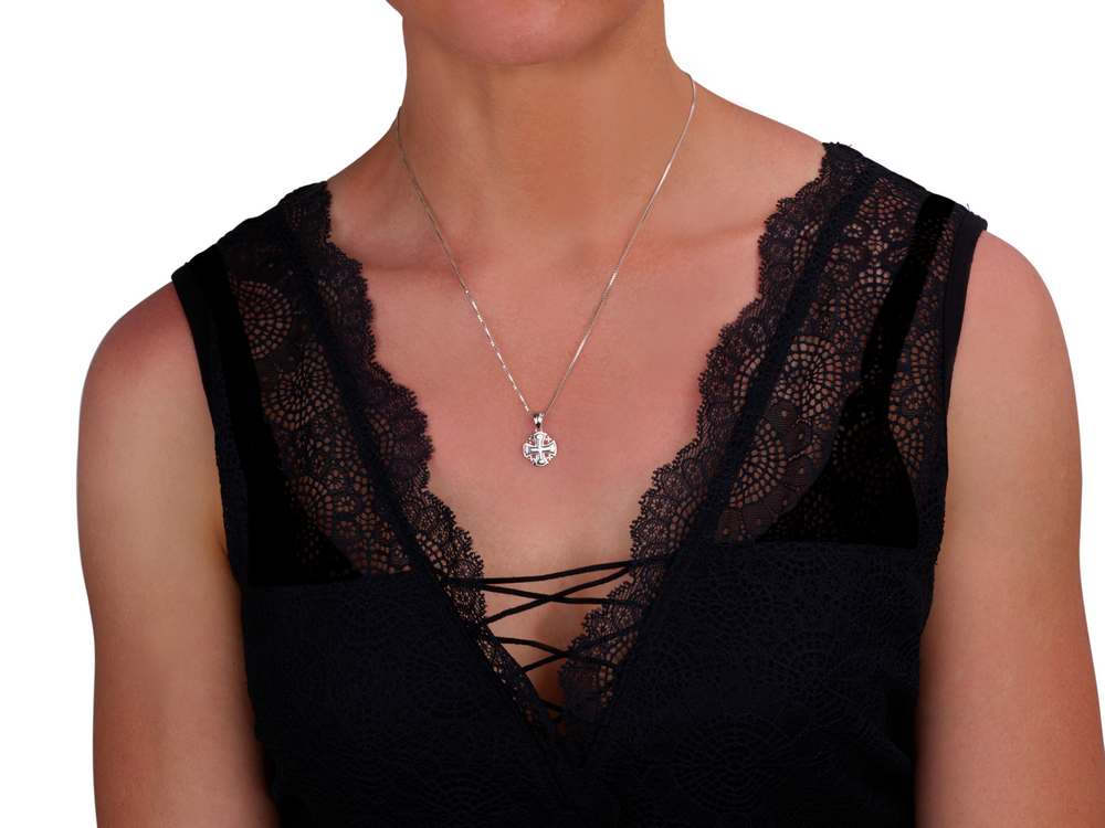 Jerusalem Cross Pendant Necklace, Rounded Flared Shape, 925 Sterling Silver – shown worn