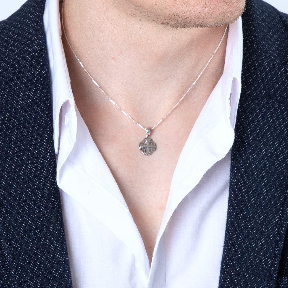 Jerusalem Cross Pendant Necklace, Rounded Flared Shape, 925 Sterling Silver – shown worn, close-up