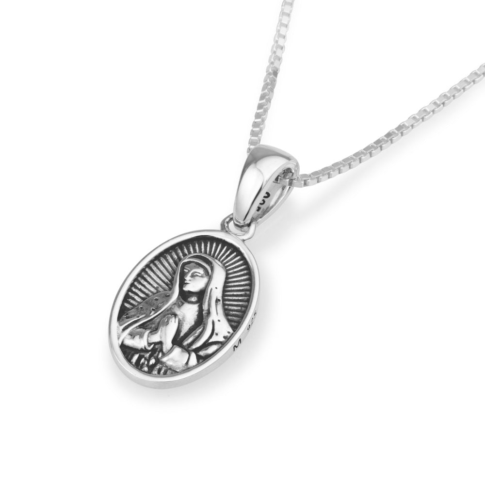 Virgin Mary oval medallion pendant necklace in oxidized 925 sterling silver by Marina Jewelry