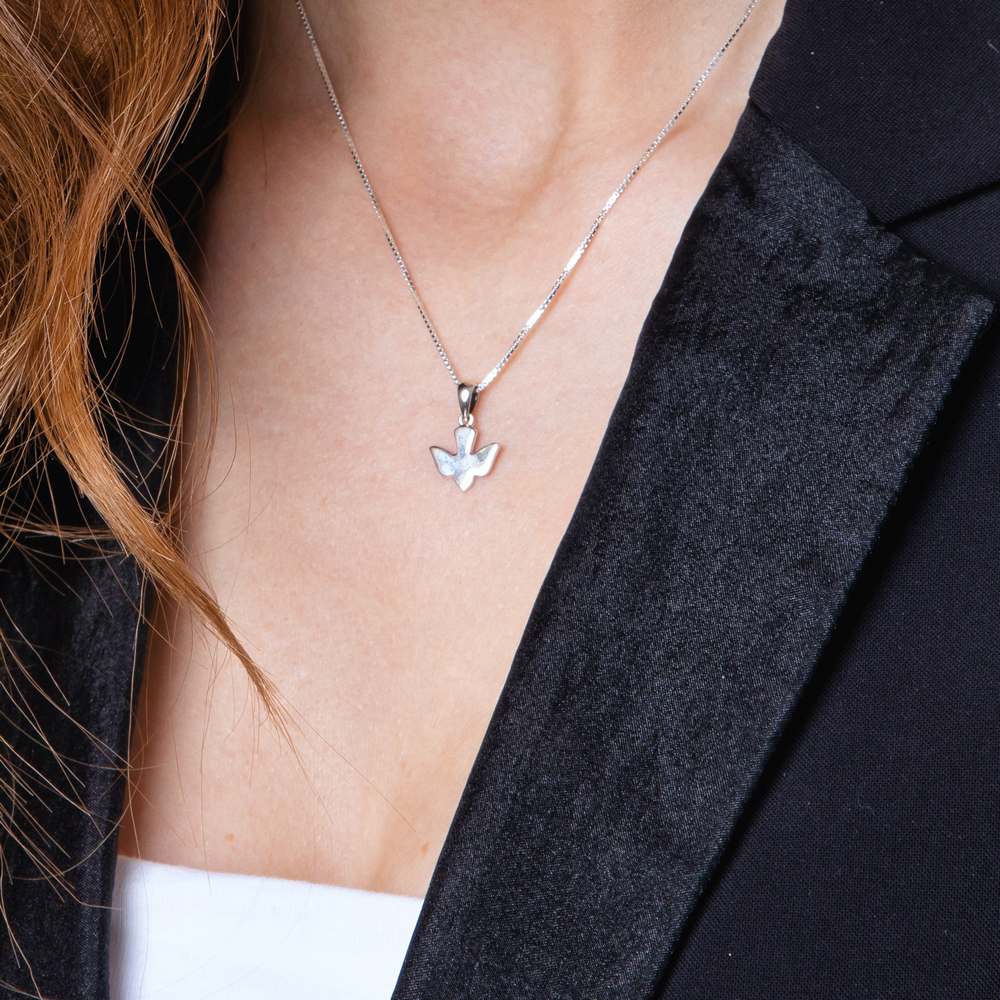 Dove Pendant Necklace in 925 Sterling Silver – shown worn, close-up