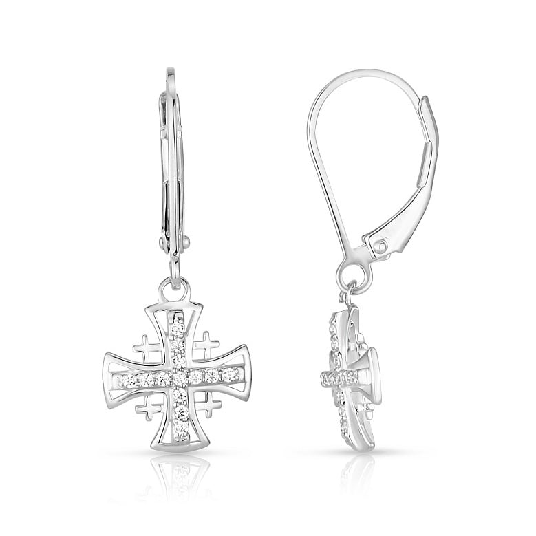 Jerusalem Cross Drop Earrings with Zirconia in 925 Sterling Silver by Marina Jewelry