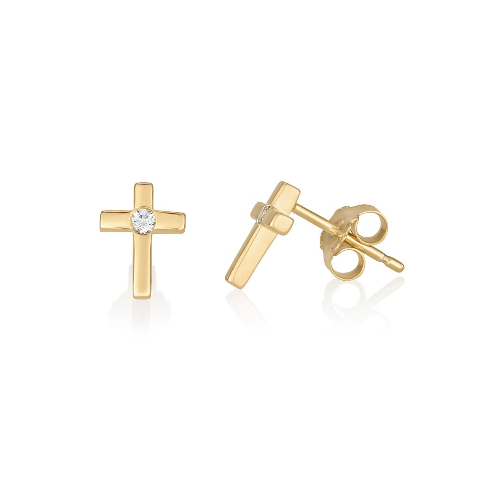 Gold-plated cross stud earrings with cubic zirconia by Marina Jewelry