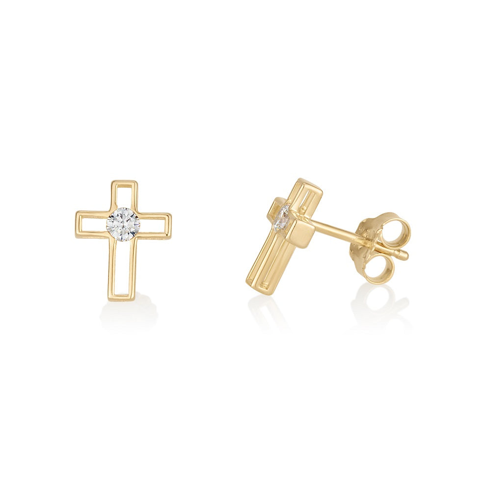 Gold-plated open cross stud earrings with cubic zirconia by Marina Jewelry