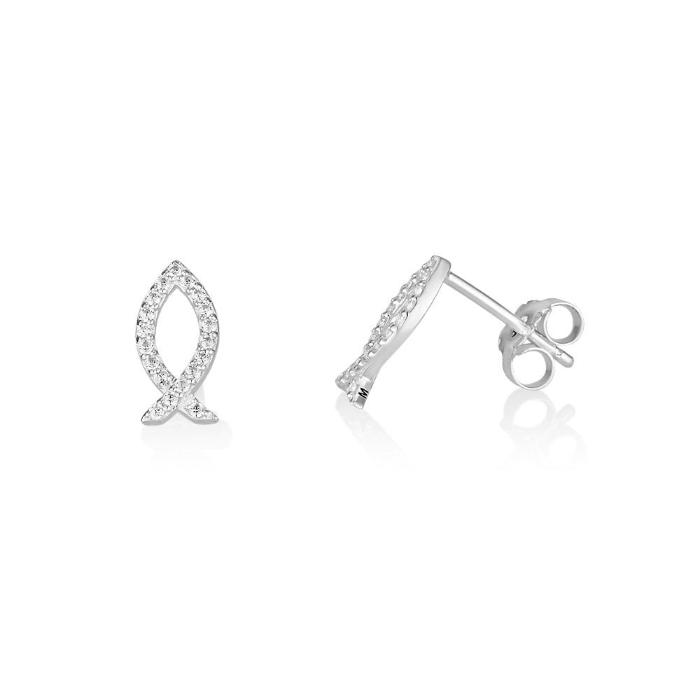 Pave zircon ichthus fish stud earrings in 925 sterling silver by Marina Jewelry