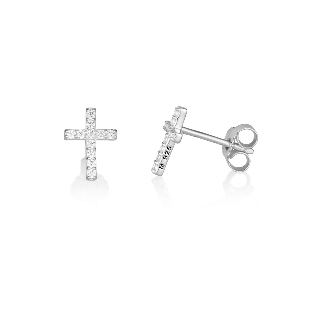 Pave cubic zirconia cross stud earrings in 925 sterling silver by Marina Jewelry