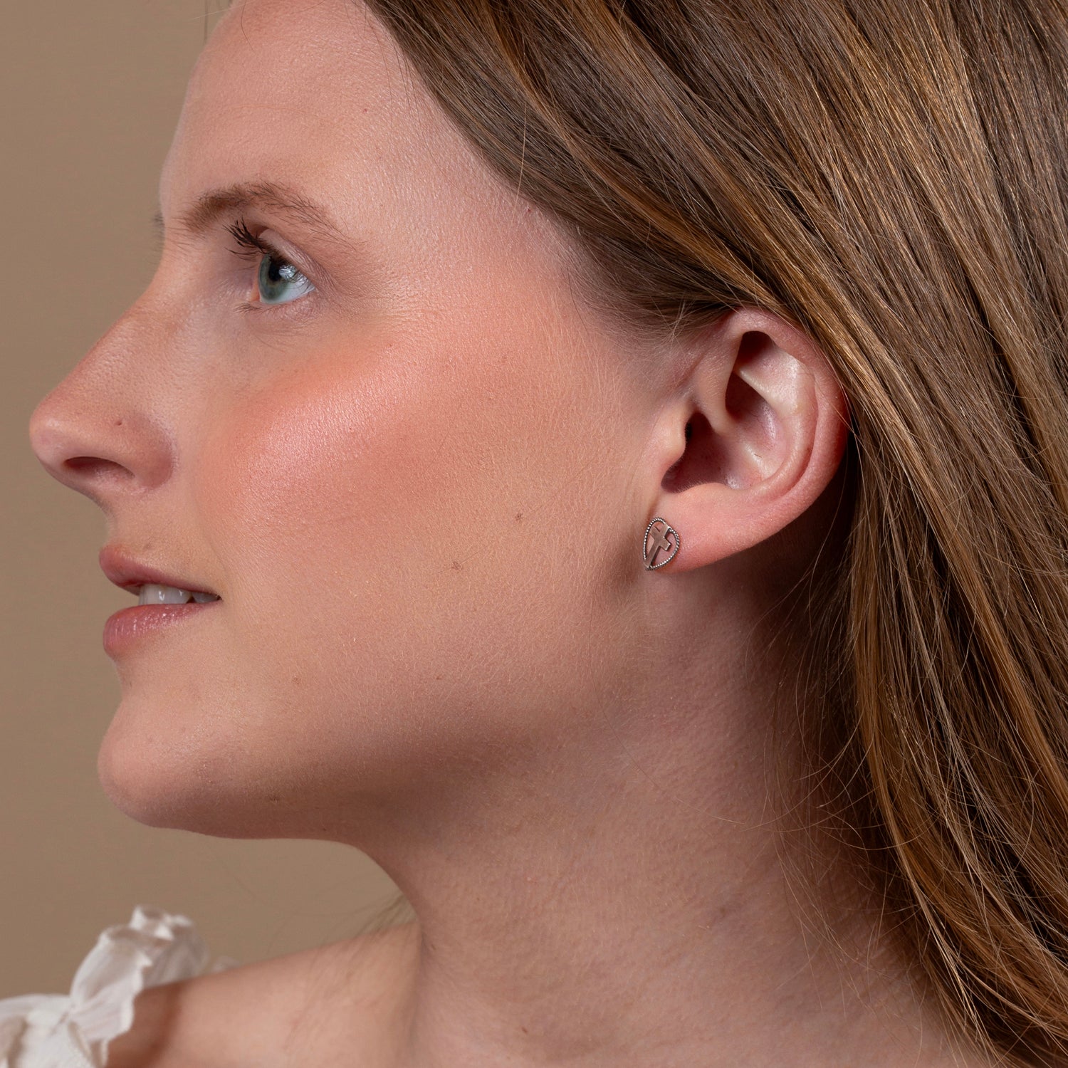 Dove in heart stud earrings oxidized sterling silver milgrain — Marina Jewelry Holy Land-1