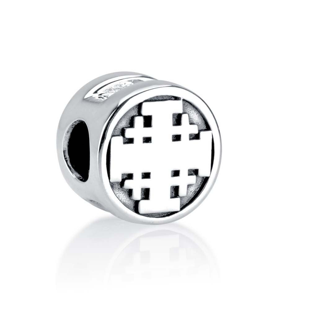 Round sterling silver bead charm with raised Jerusalem Cross by Marina Jewelry