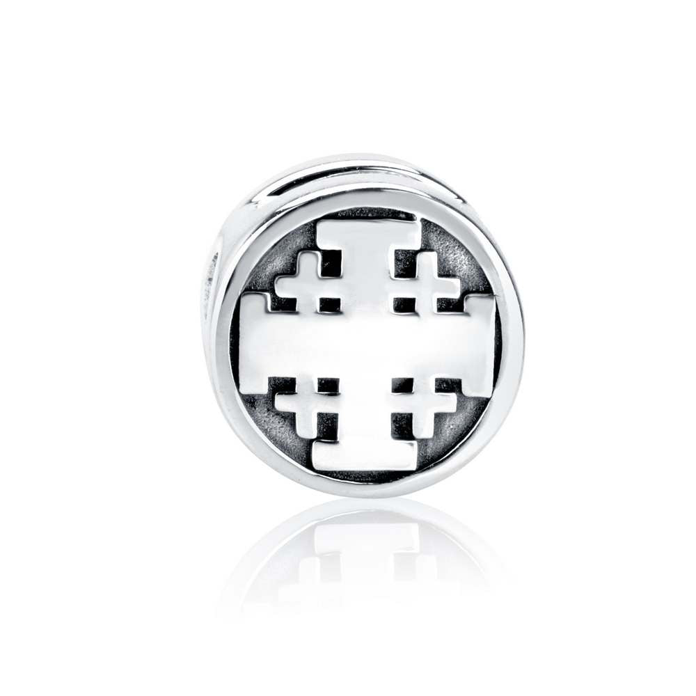 Jerusalem Cross Round Bead Charm in 925 Sterling Silver, view 2 by Marina Jewelry