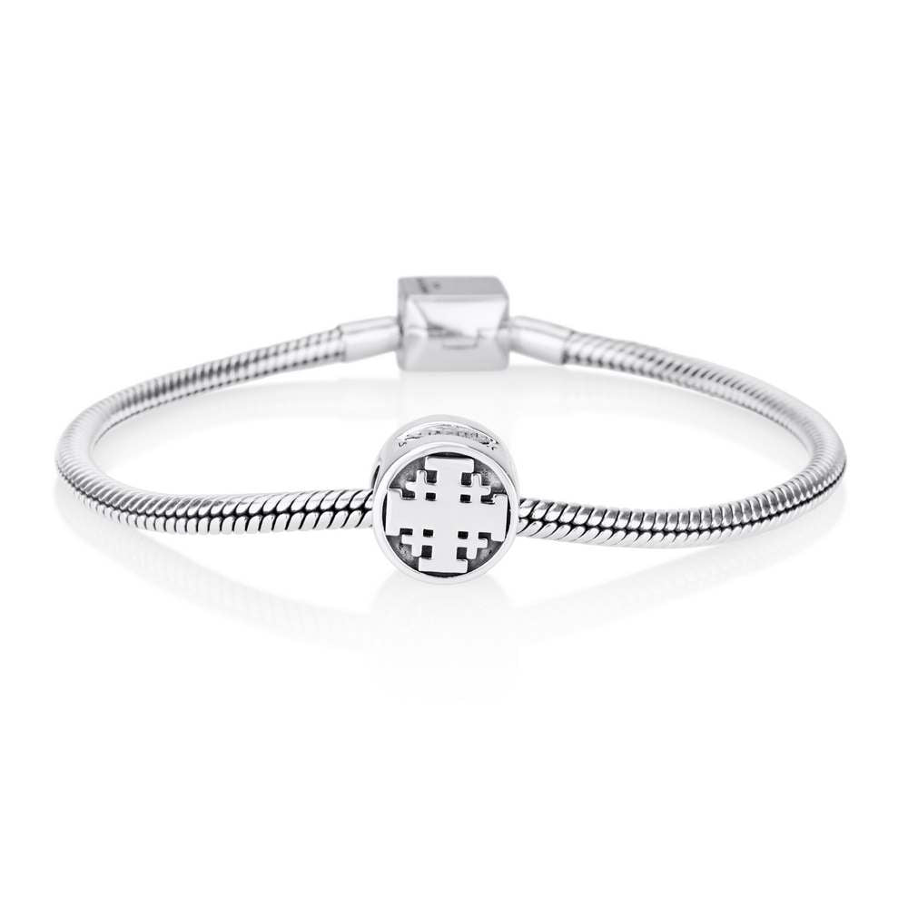 Jerusalem Cross Round Bead Charm in 925 Sterling Silver, view 3 by Marina Jewelry