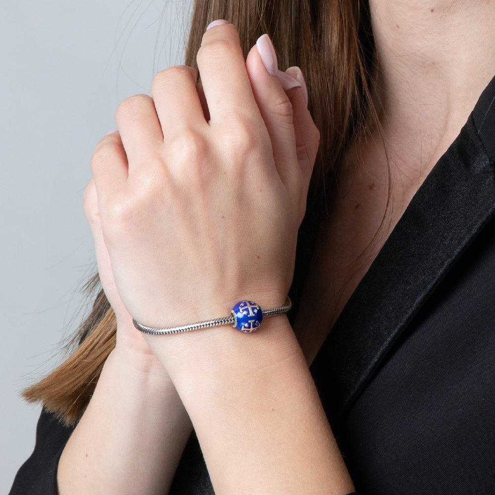 Jerusalem Cross Bead Charm in 925 Sterling Silver with Blue Enamel, view 3 by Marina Jewelry