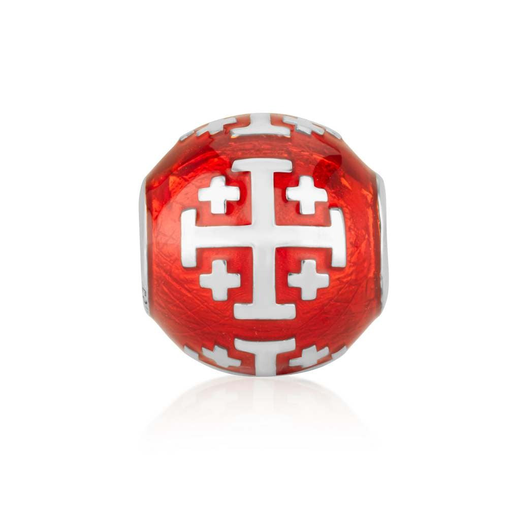 Red enamel round bead charm with silver Jerusalem Crosses by Marina Jewelry