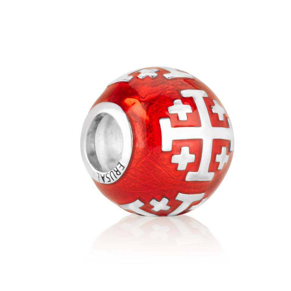 Jerusalem Cross Bead Charm in 925 Sterling Silver with Red Enamel, view 2 by Marina Jewelry