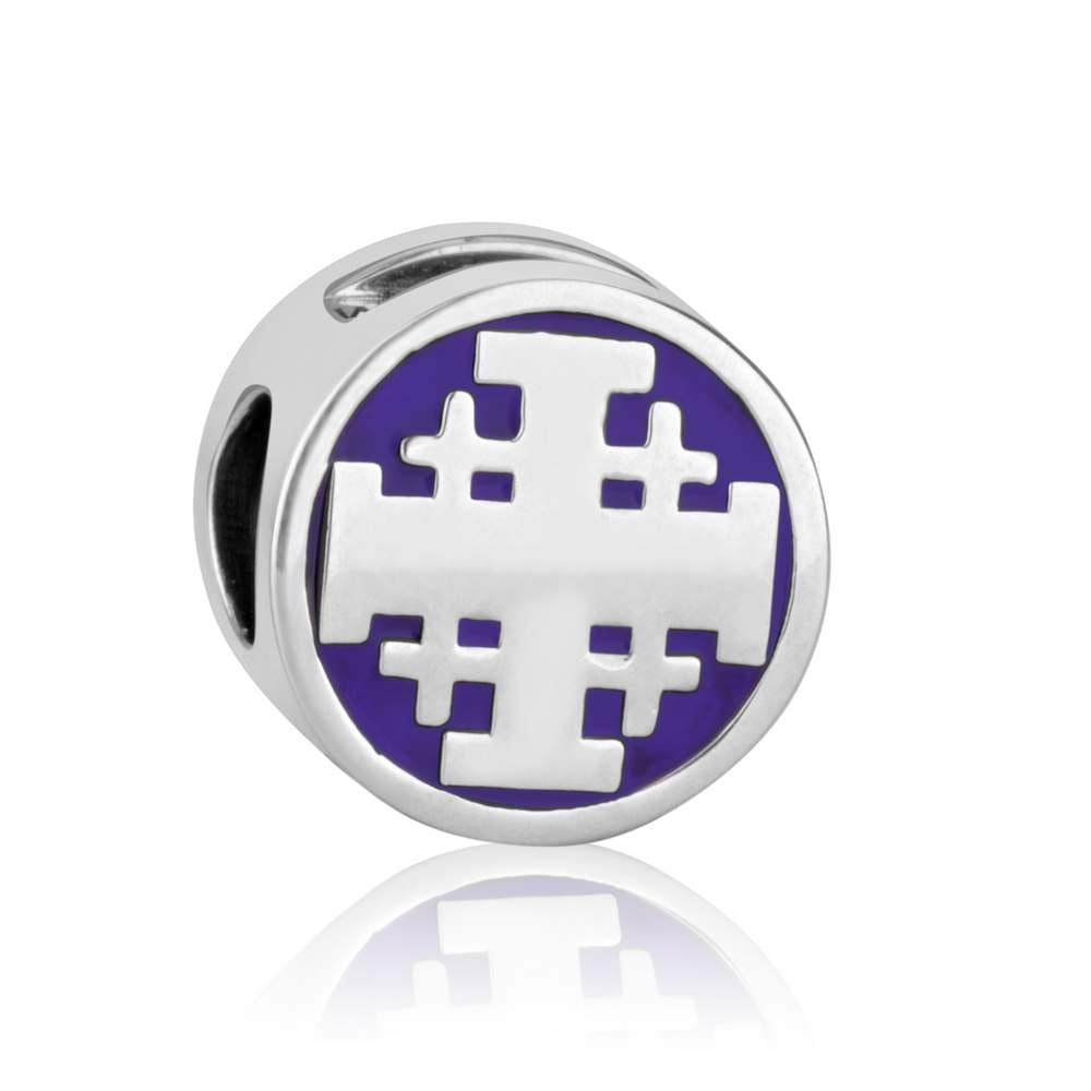 Round bead charm with blue enamel Jerusalem Cross face by Marina Jewelry