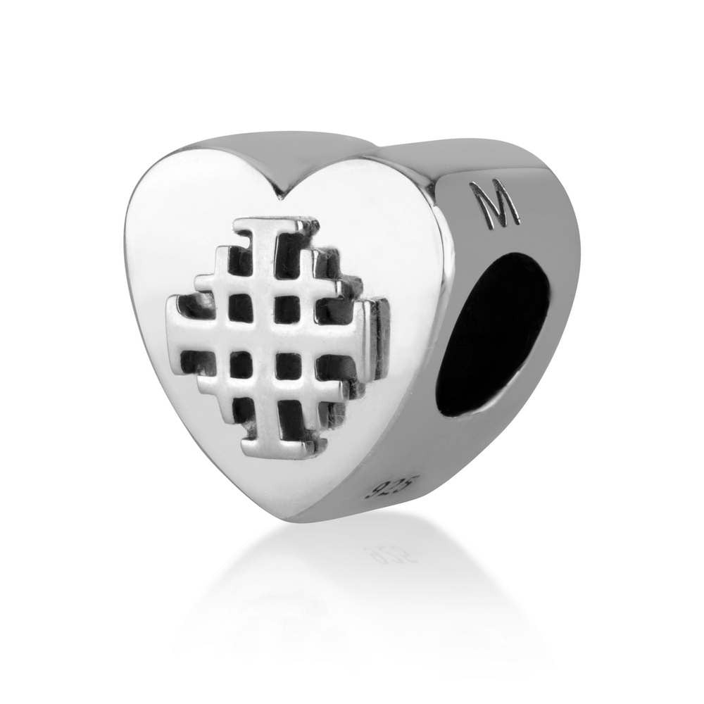 Heart-shaped sterling silver bead charm with Jerusalem Cross by Marina Jewelry