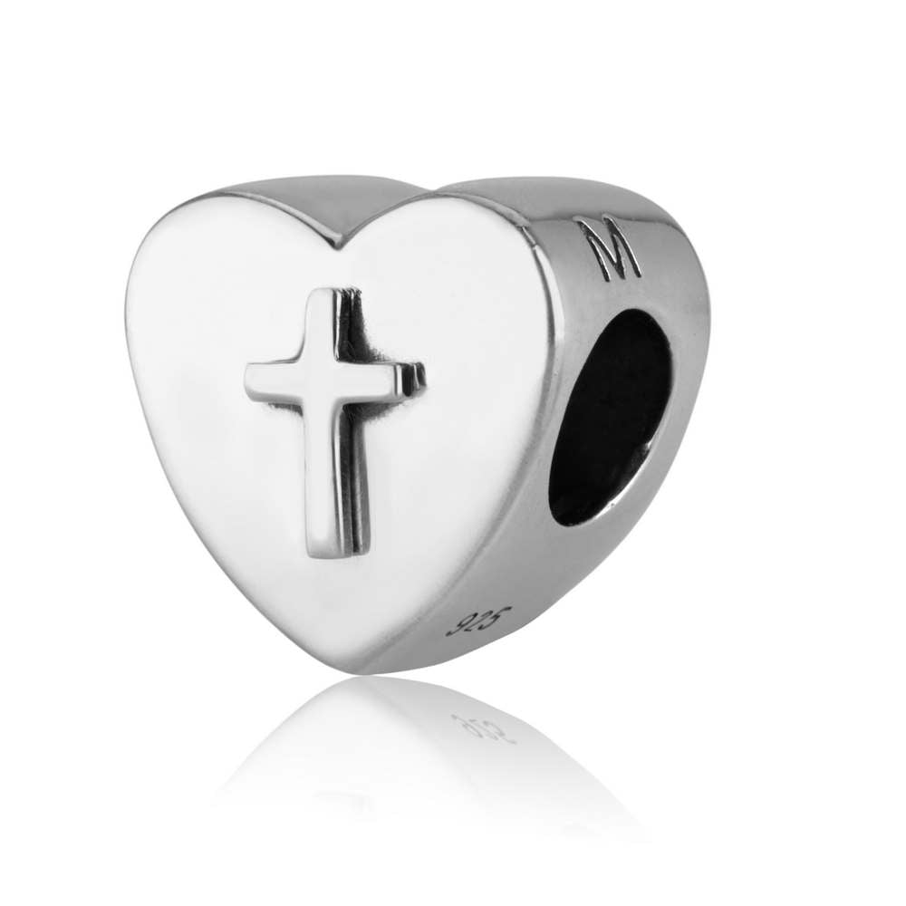 Heart and cross bead charm in 925 sterling silver by Marina Jewelry
